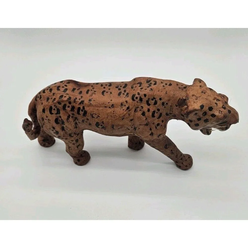 Large Vintage Leather Wrapped Leopard Cheetah Figure Sculpture VGC 16